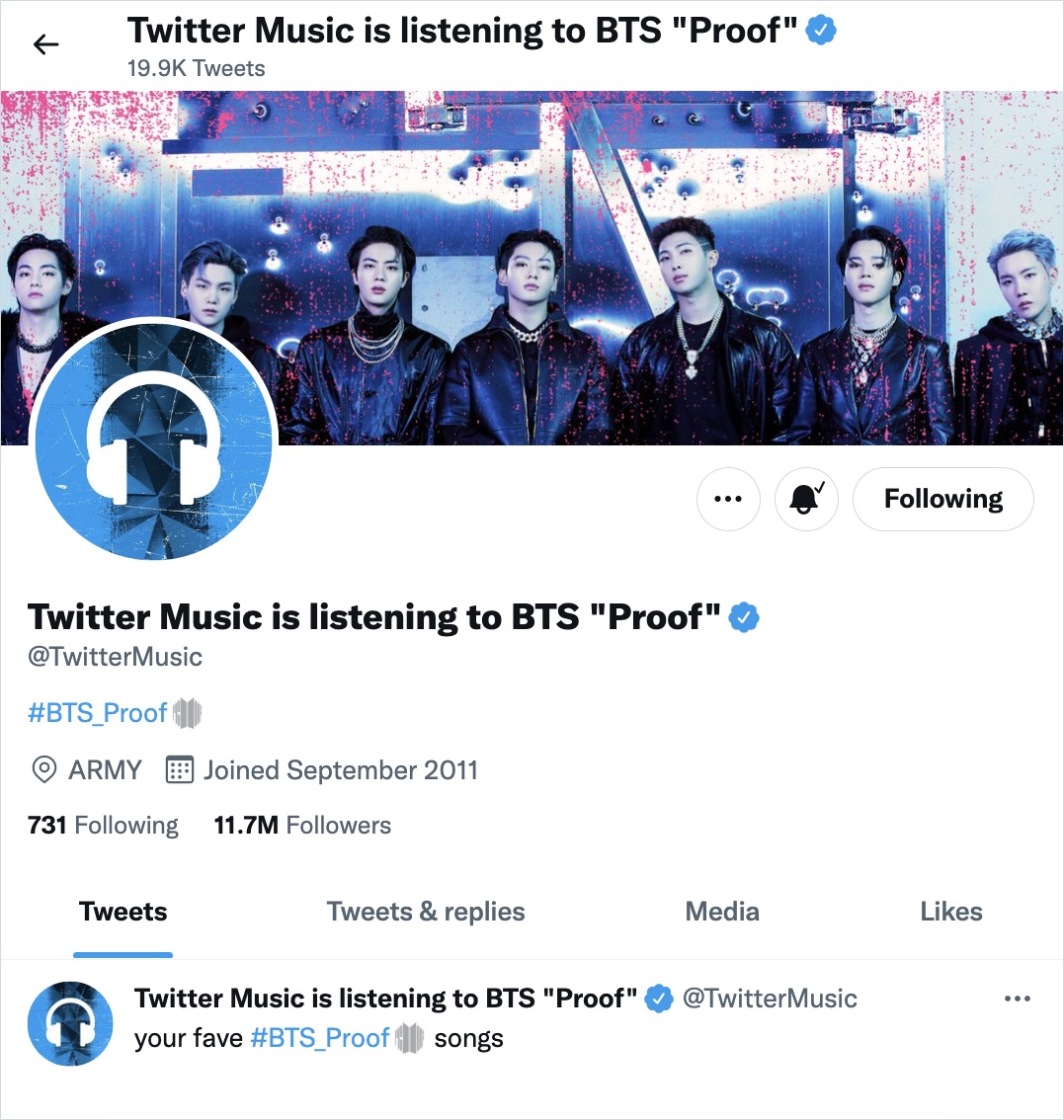 A screenshot of BTS Proof taking over @TwitterMusic