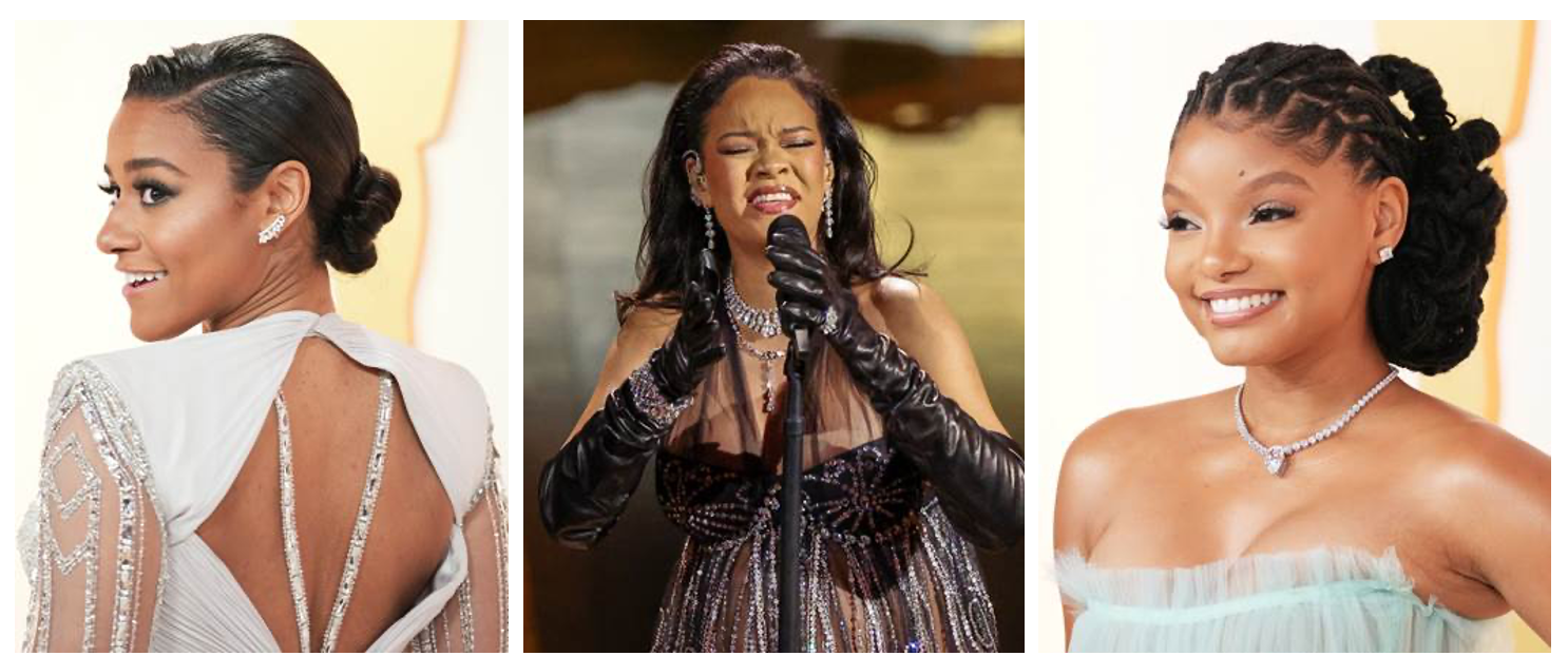 From left to right: Ariana Debose, Rihanna and Halle Bailey in De Beers Jewellers