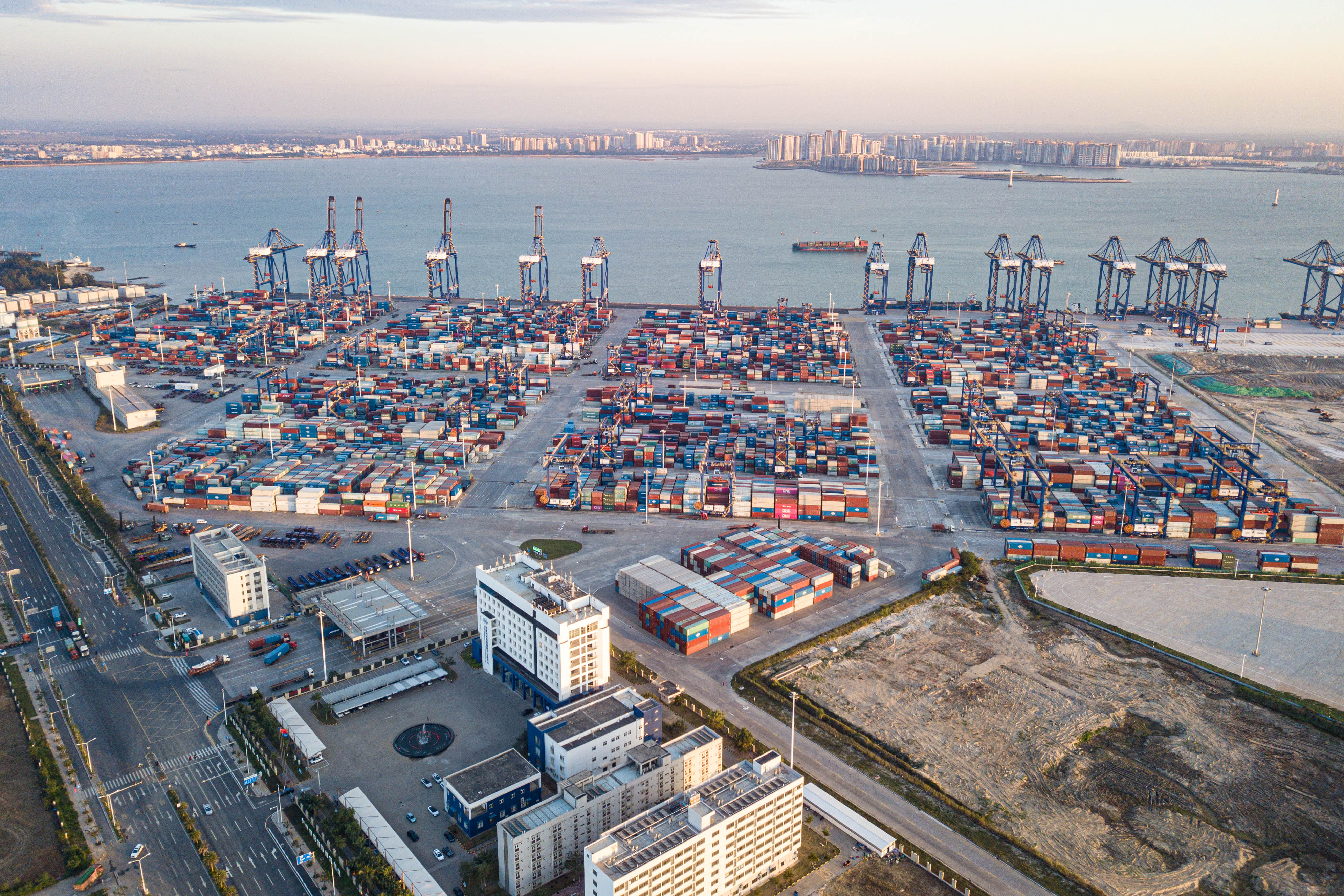 An aerial drone photo taken on Nov. 21, 2025 shows a view of the Yangpu International Container Port in Yangpu Economic Development Zone, south China