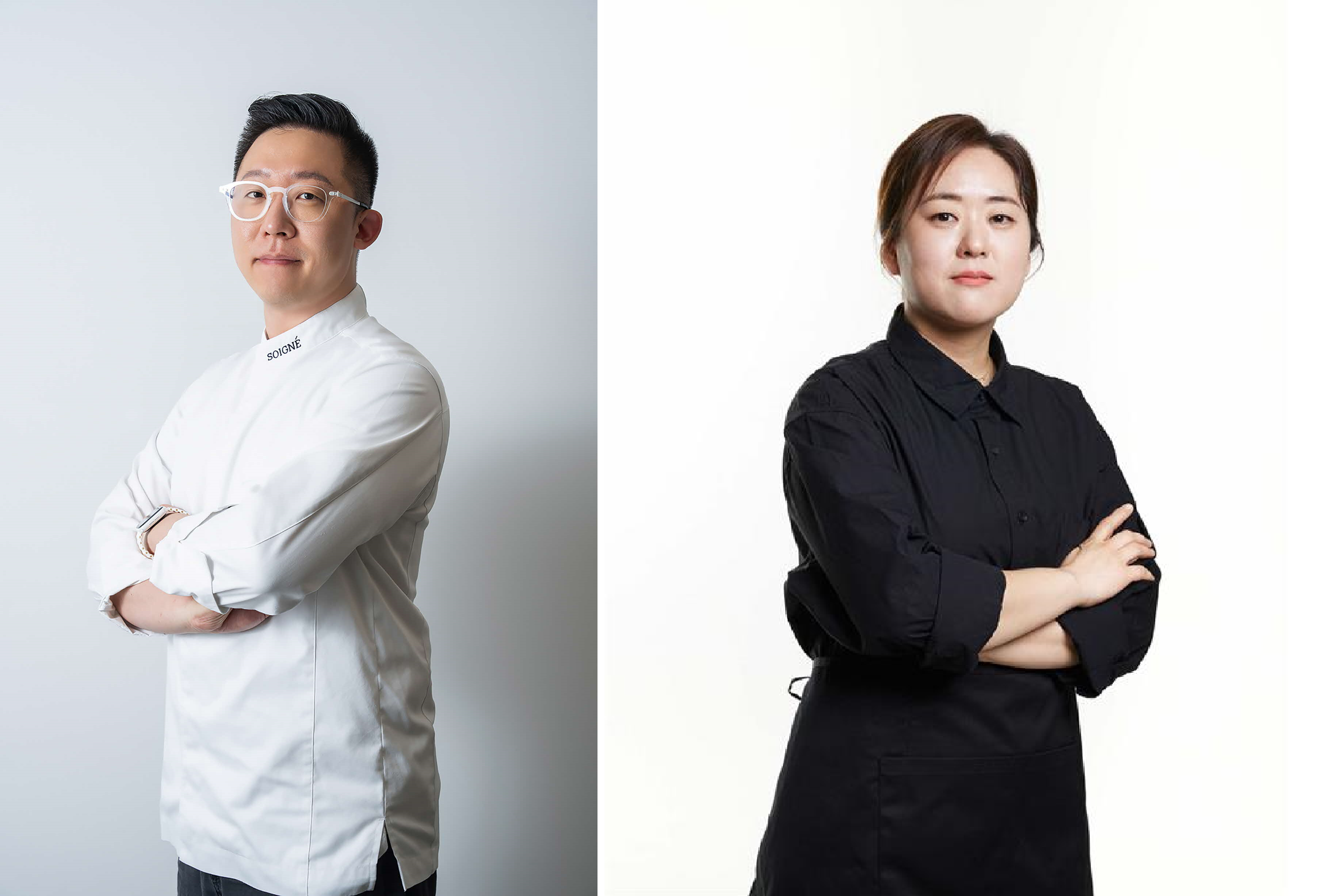 Jun Lee, Executive Chef of Seoul’s two-Michelin-starred restaurant Soigné (left) and Yun Na-ra, Owner & Chef of Yunjudang Brewmaster (right)