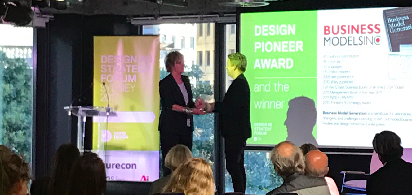 Maureen Thurston, Chair of Good Design Australia, presenting Ben Hamley, Partner at Business Models Inc, with the Design Pioneer Award Maureen Thurston, Chair of Good Design Australia, presenting Ben Hamley, Partner at Business Models Inc, with the Design Pioneer Award